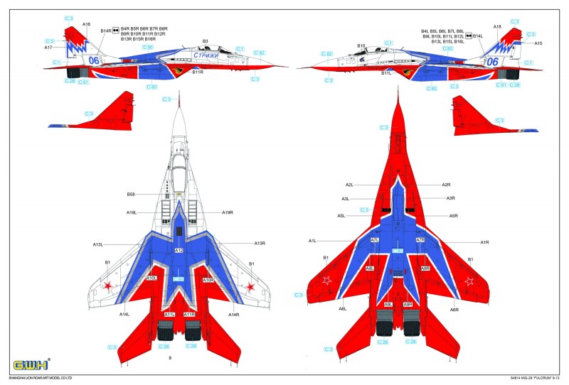 G.W.H Mig-29 9-13 "Fulcrum C" Russian Swifts With Special Mask 1/48