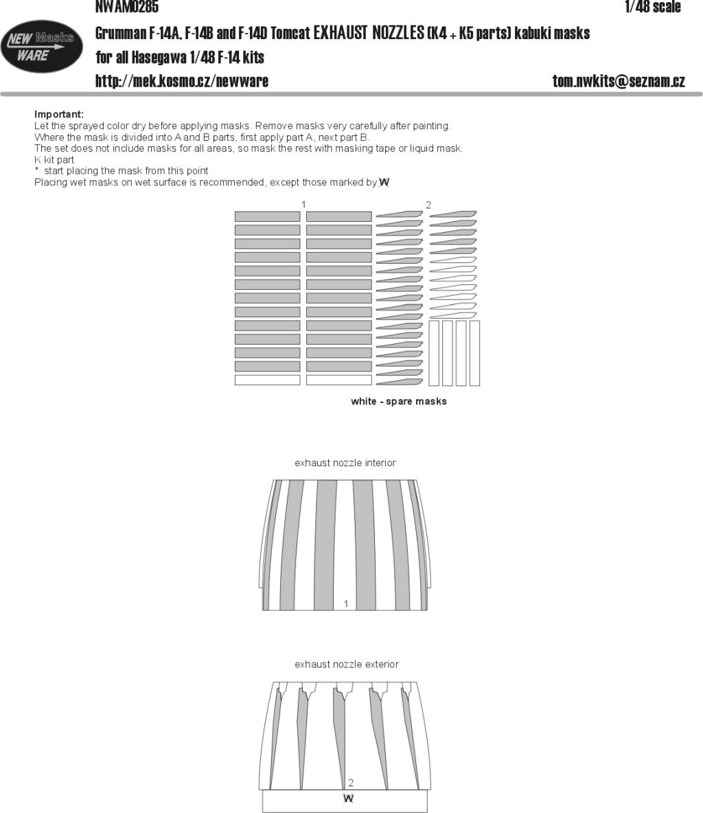 New Ware F-14 B/D Tomcat EXHAUST NOZZLES (Hasegawa) - masky trysek oboustrané 1/48