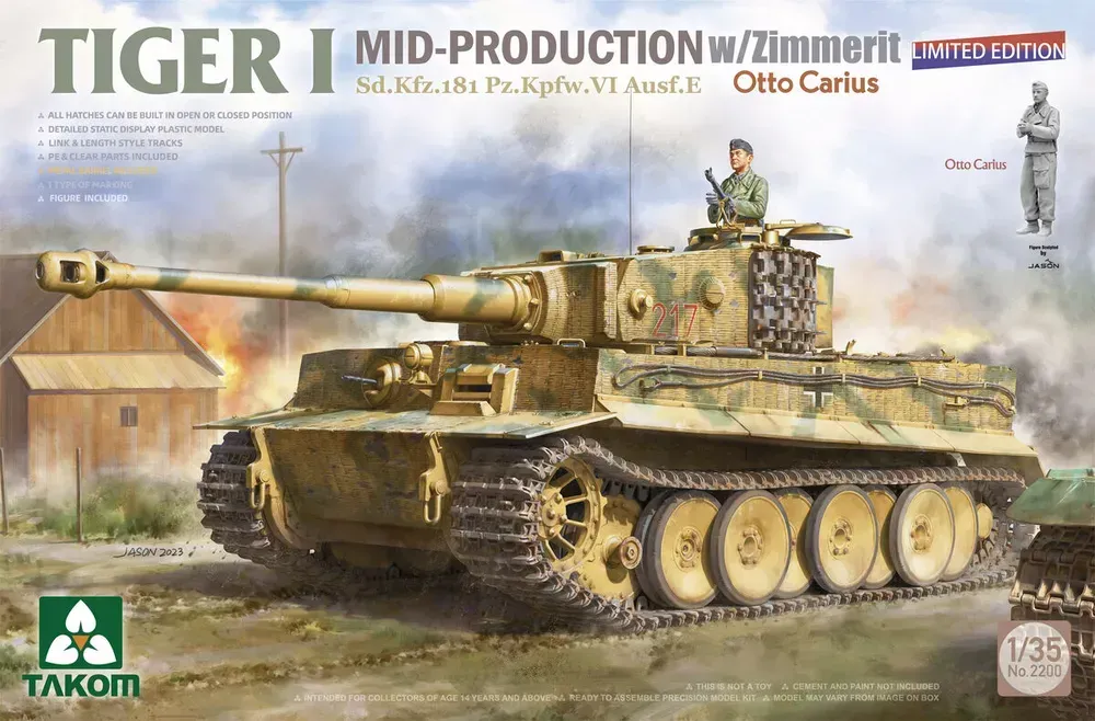 Takom Tiger I Mid Production w/zimmerit Sd.Kfz. 181 Pz.Kpfw. VI Ausf. E Otto Carius - Limited! 1/35