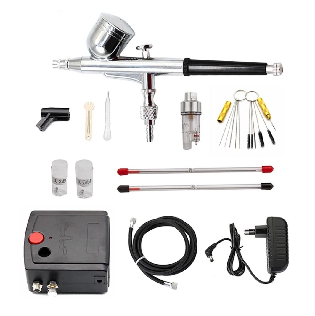 Airbrush Starter Set - Pistole + Kompresor + Příslušenství (trysky 0.2mm + 0.3mm + 0.5mm)