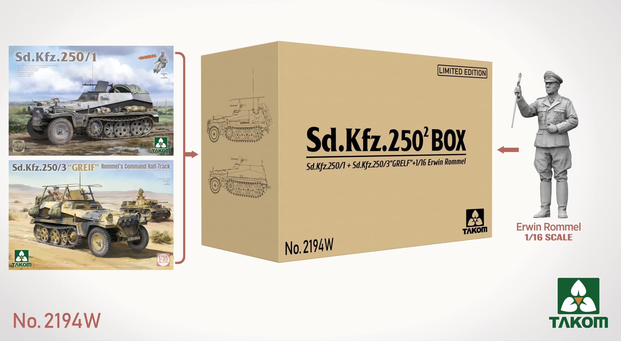 Takom Sd.Kfz. 250 BIG BOX 2 kits & 1:16 Rommel figure Full Interior 1/35