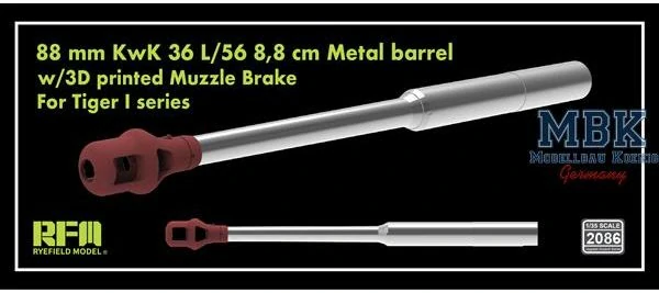 RFM 88 mm KwK 36 L/56 8,8 cm Metal barrel w/3D printed Muzzle Brake For Tiger I series - kovové dělo 1/35