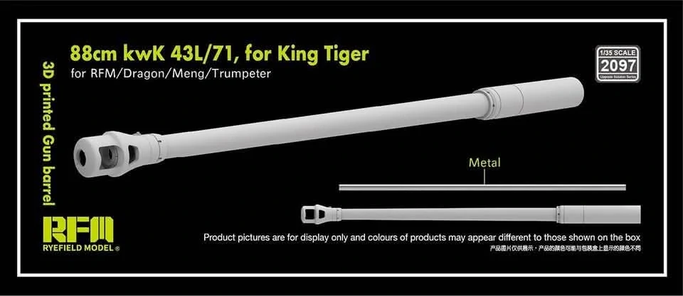 RFM 3D printed Gun barrel 88mm kwK 43L/71 for King Tiger, for RFM/Dragon/Meng/Trumpeter - kovové dělo + 3Dprint 1/35