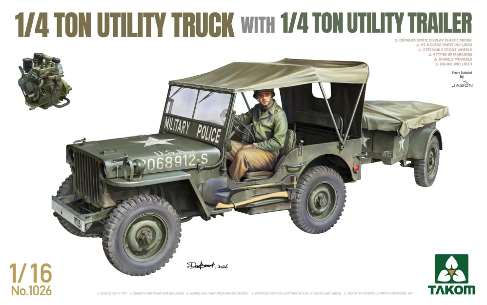 Takom ¼-ton utility truck w. ¼-t. utility trailer (Jeep) 1/16