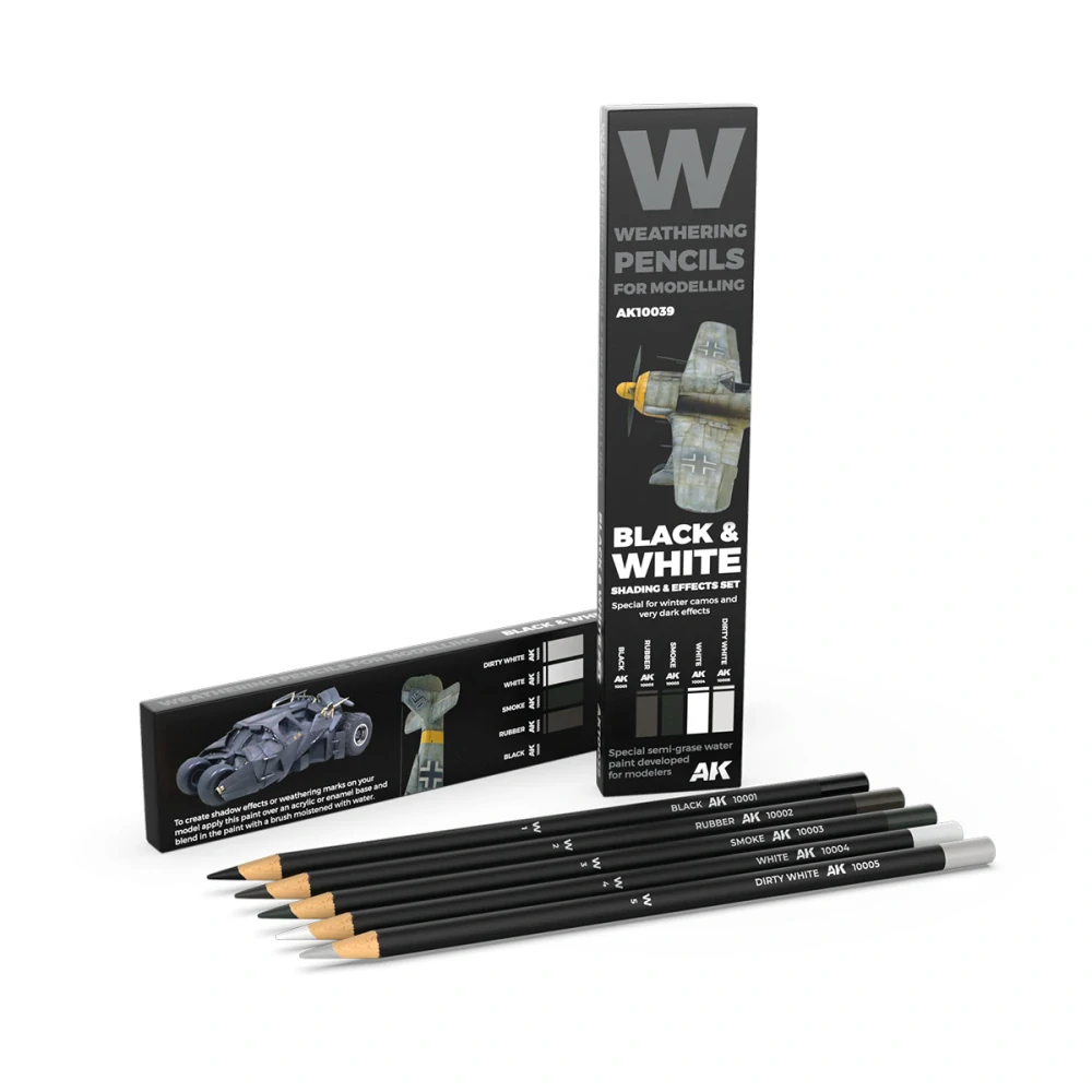 AK Weathering pencils - Black & White shading & effects set  / Set patinovacích akvarelových tužek - Stínovací
