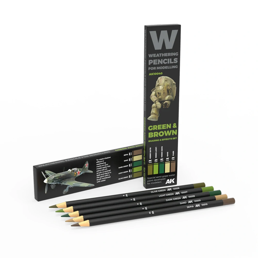 AK Weathering pencils - Green & Brown Camouflages & effects set  / Set patinovacích akvarelových tužek - Kamuflážní zeleno hnědá sada