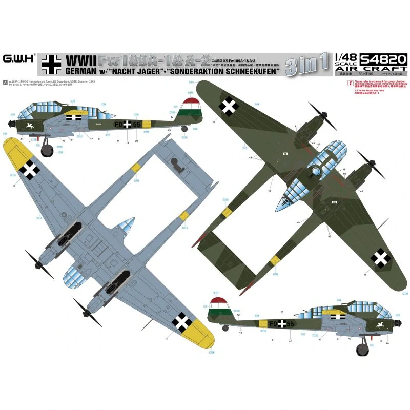 G.W.H WWII German Fw 189A1 &A2 w/”Nacht Jager” & ”Sonderaktion Schneekufen” 3 in 1 1/48