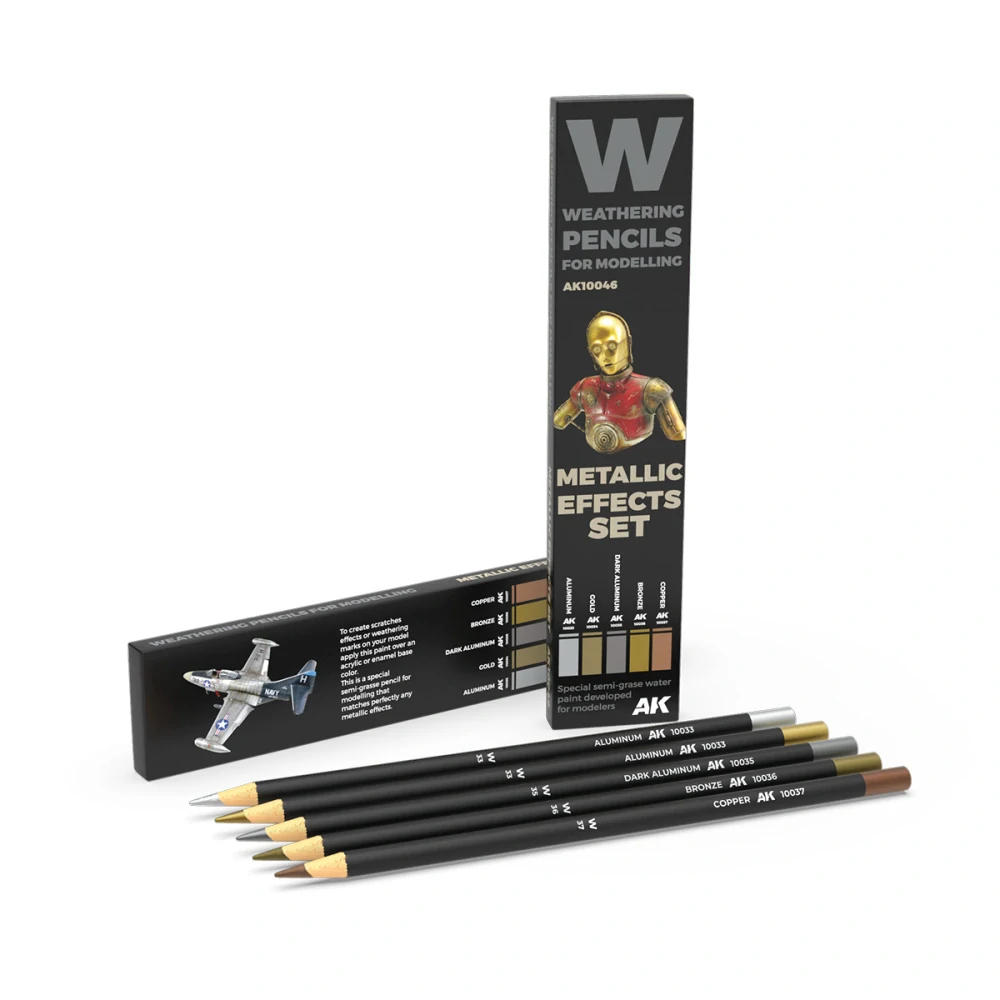 AK Weathering pencils - Metallics colors set / Set patinovacích akvarelových tužek - kovové odstíny