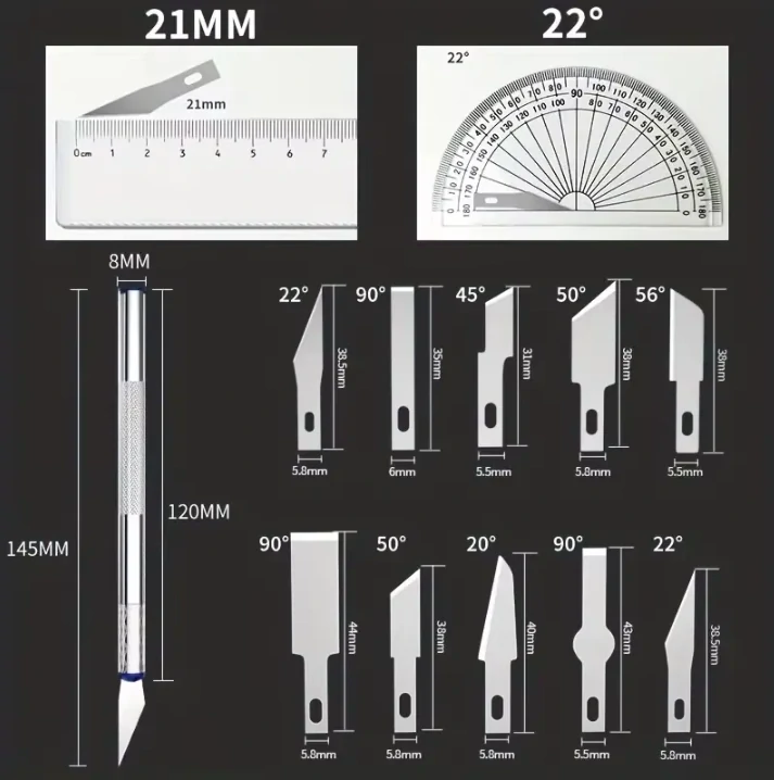 Multifunkční set modelářských nožů a škrabek 13v1 (3 madla s noži + 10 typů čepelí)