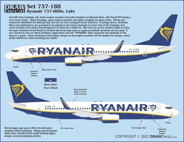 Draw Decal Boeing 737-800 - Ryanair (Late Version) 1/144