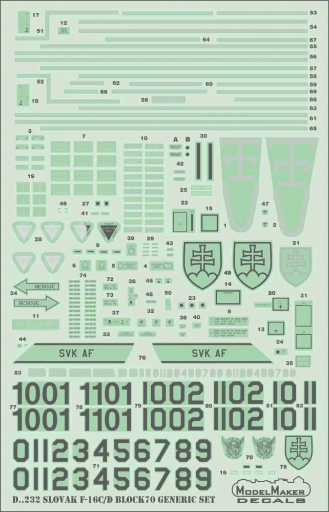 Model Maker Decals General Dynamics F-16 C/D Block 70 in Slovak Air Force - decal set (SK) 1/72