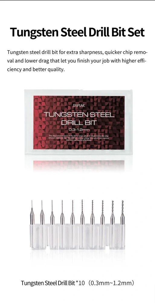 DSPIAE DB-03 0.3~1.2 Tungsten Steel Drill Bit / Set wolframových minivrtáků 10v1 (dřík 3.175mm)