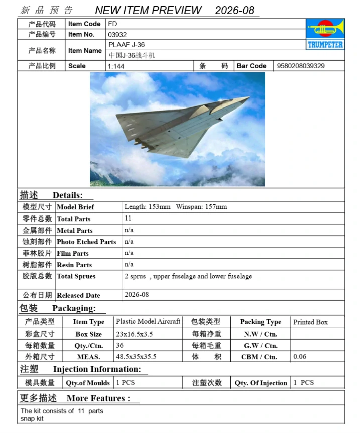 Trumpeter PLAAF J-36 1/144 (Předobjednávka prosinec/leden)