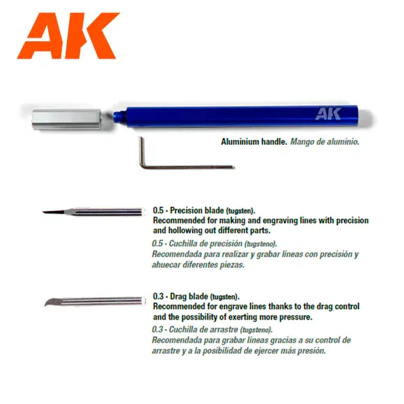 AK Tungsten steel engraving scribers (0,3 + 0,8mm) / Wolframové tvrzené rydlo (Madlo + 2x set čepelí)