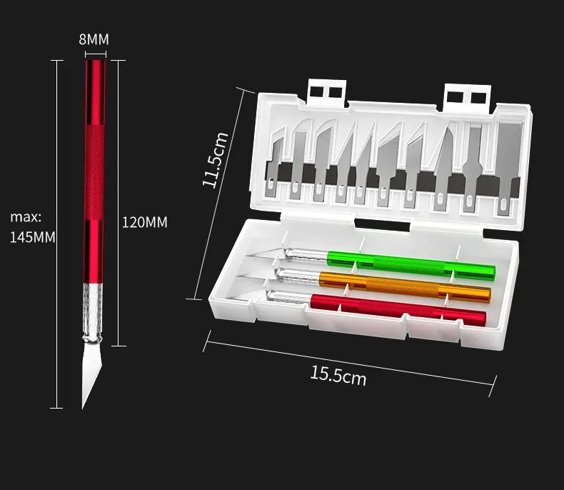 Multifunkční set modelářských nožů a škrabek 10+3 (3 madla + 10 čepelí)