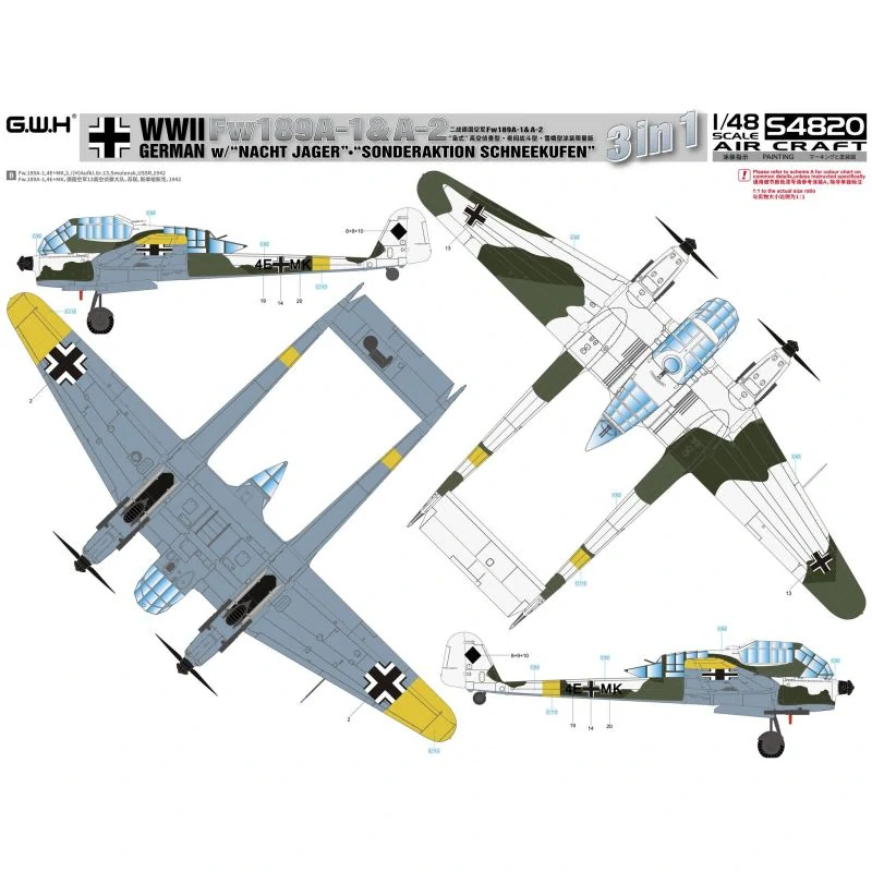 G.W.H WWII German Fw 189A1 &A2 w/”Nacht Jager” & ”Sonderaktion Schneekufen” 3 in 1 1/48