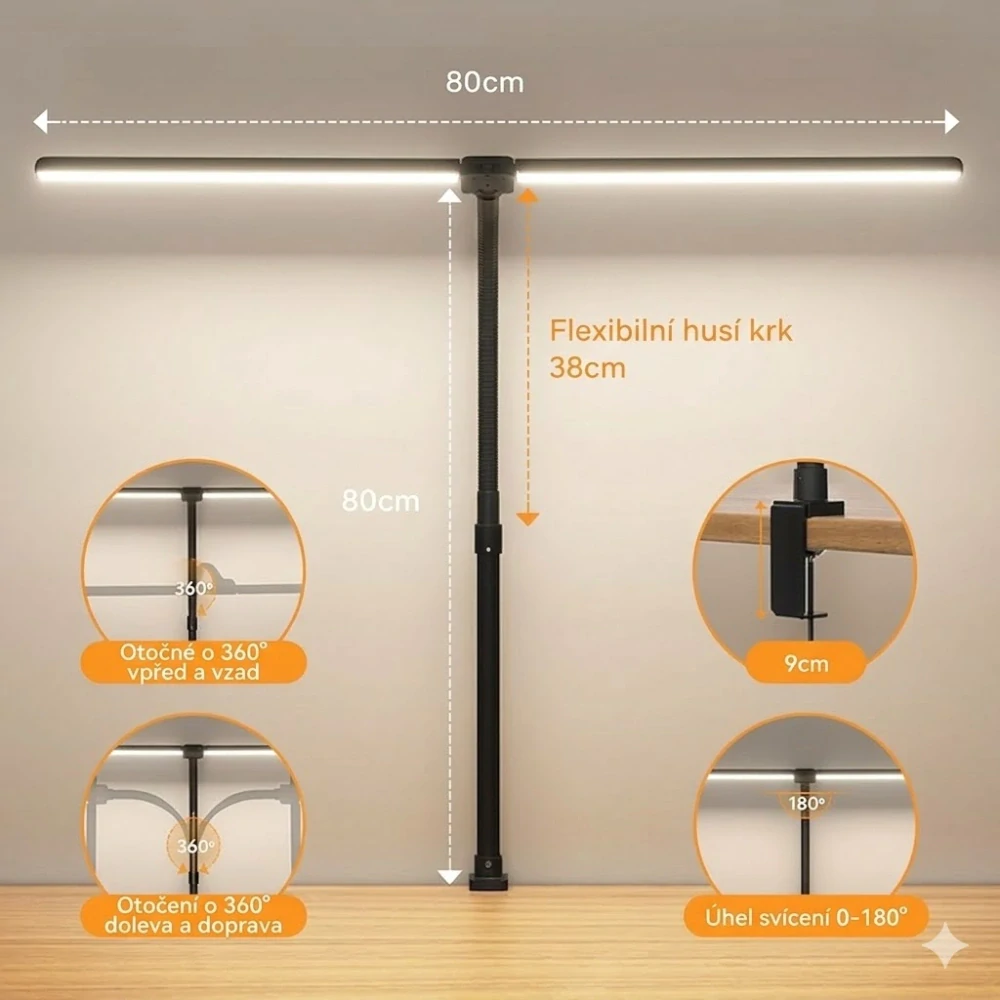 Pracovní LED lampa dvojramenná (stmívatelná) s dálk. ovládáním - 24W, 80cm