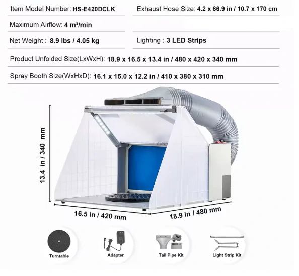 Stříkací filtrační box pro Airbrush 42cm - 4m3/min + LED + Ext. hadice