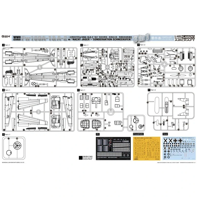 G.W.H WWII German Fw 189A1 &A2 w/”Nacht Jager” & ”Sonderaktion Schneekufen” 3 in 1 1/48